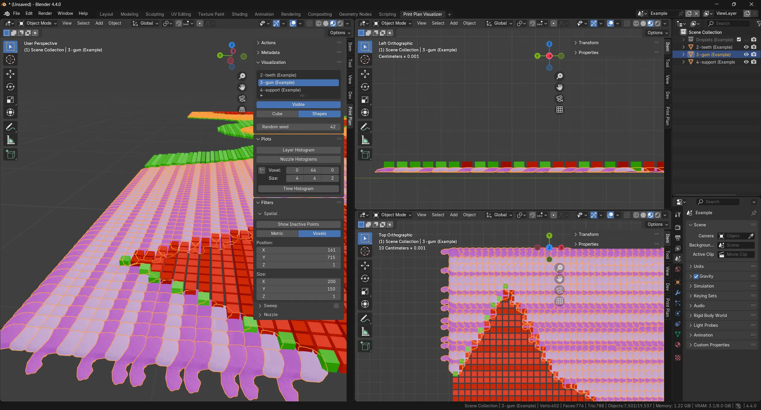 A full-screen screenshot of the Print Plan Visualizer (in Blender) with three views on voxel data from the top, the side and a perspective view.