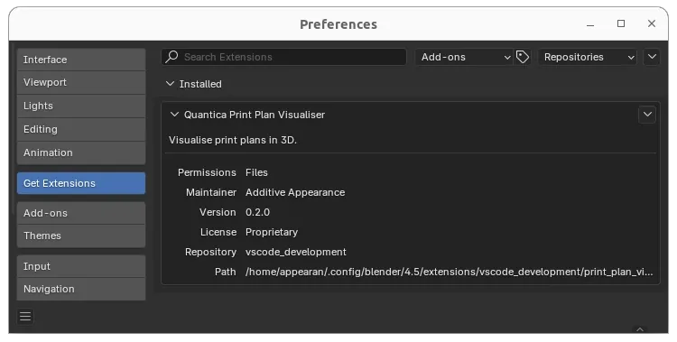 Blender Preference window showing the Print Plan Visualizer extension being installed.