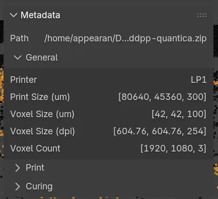 The metadata dropdown in the Print Plan Visualiser shows voxel sizes (µm / dpi) and print dimensions (µm / voxels).