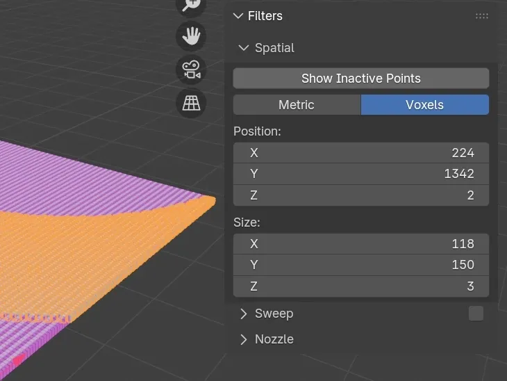 The spatial filter user interface allowing numeric inputs of position and size of the crop region.