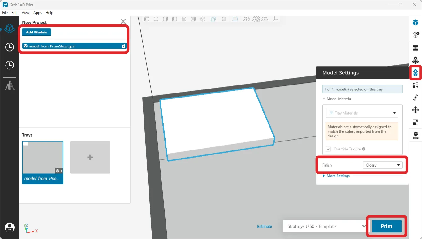 Screenshot of GrabCAD Print with a voxel model in GCVF format loaded and the Glossy surface finish and Print button highlighted.