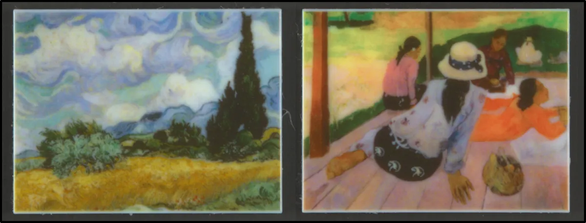 Photographs of two full-colour 3D printed slabs with paintings as textures demonstrating the color fidelity.