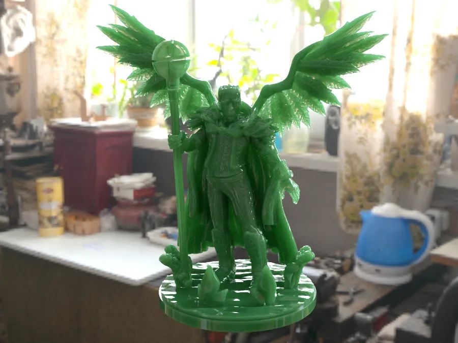 A photorealistic preview of a table-top gaming figurine which is 3D printed in a green UV resin mixed from CMYKW.