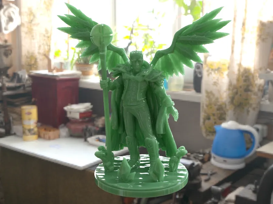 A photorealistic preview of a table-top gaming figurine which is 3D printed in a green UV resin mixed from CMYKW and additional white resin.