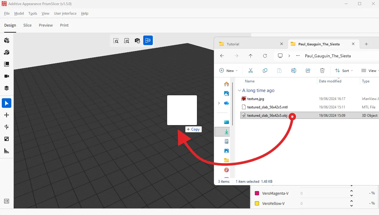 A screenshot of PrismSlicer where a 3D model is loaded via drag and drop.