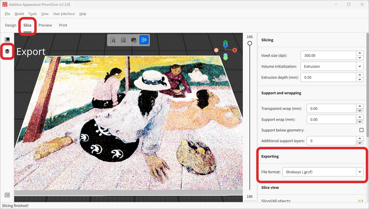 Exporting slices from PrismSlicer into a GrabCAD VoxelPrint Format (GCVF) file which represents exact CMYKW voxel assignments for the printer.