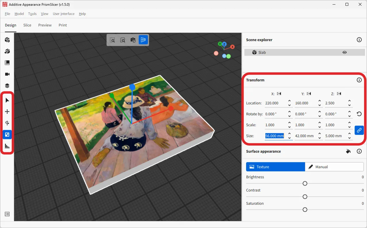 A screenshot of PrismSlicer with the Transform section highlighted and showing a model with a gizmo for scaling.