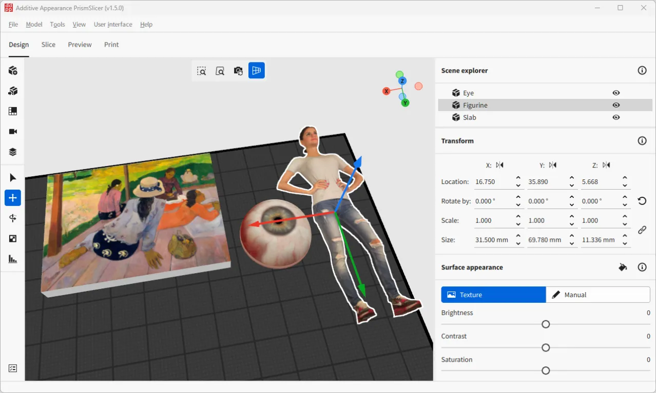 A screenshot of PrismSlicer with 3D models of a female figurine, a human eyeball and a painting (The Siesta from Gaugin) on the printbed.