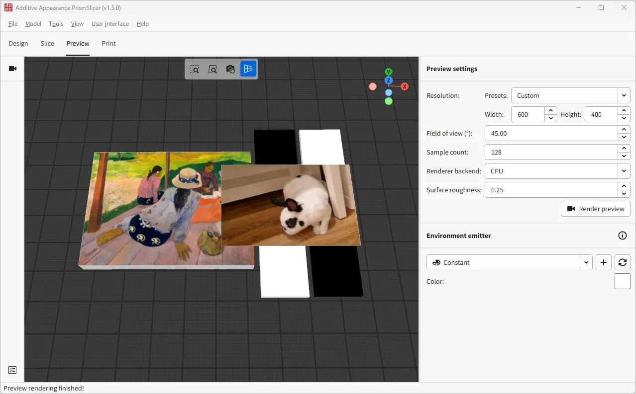 A complex assembly of models in front of black and white background slabs in PrismSlicer's Preview tab.