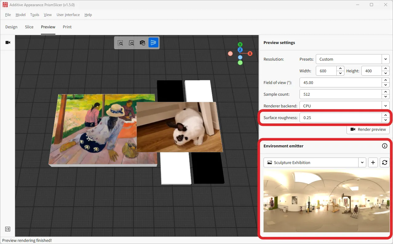 The PrismSlicer Preview tab with the Environment emitter and Surface roughness options highlighted.