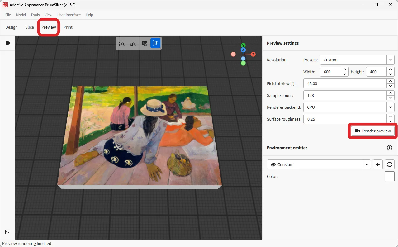 A screenshot of PrismSlicer's Preview tab with the 'Render preview' button highlighted and showing the preview settings.