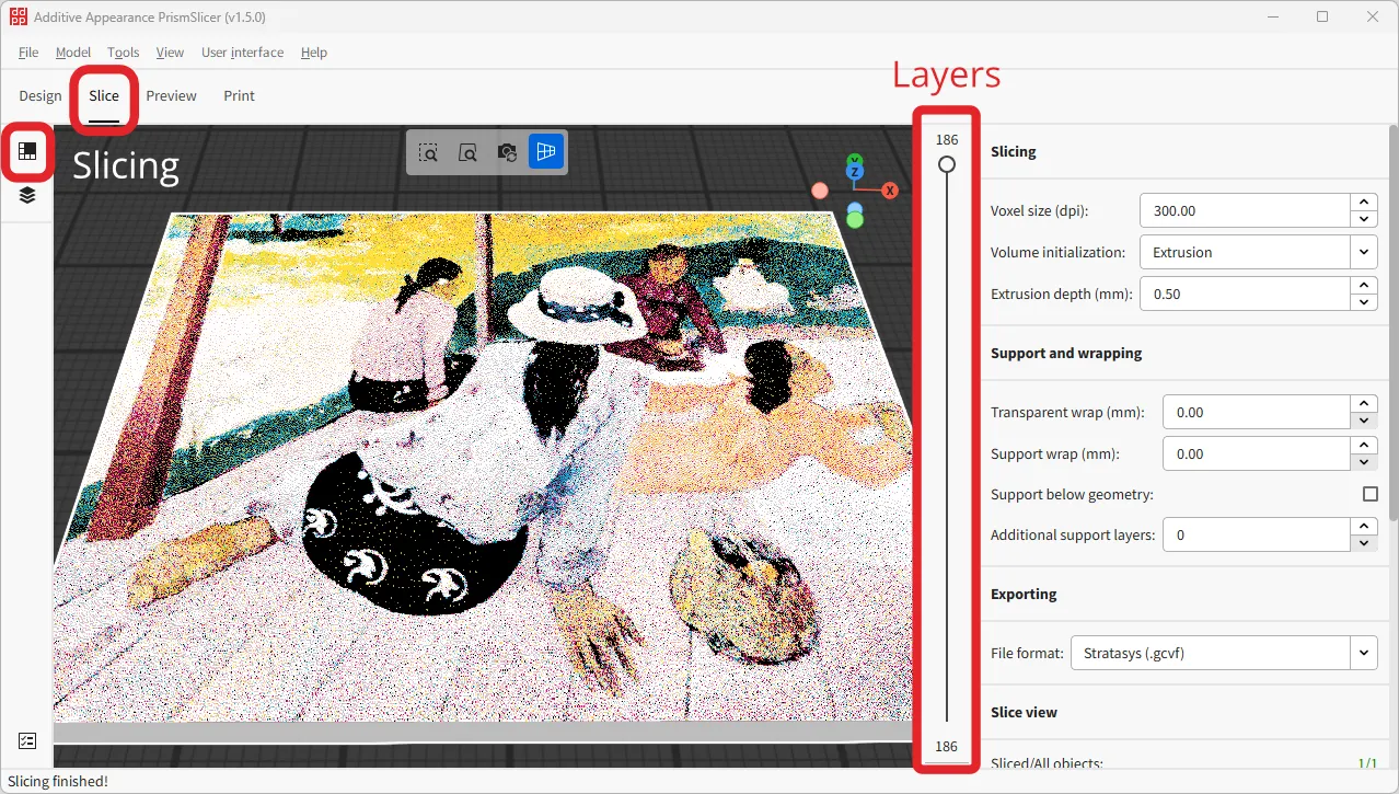The slice tab in PrismSlicer showing CMYKW material assignments for each voxel in the layer selected by the vertical slider.