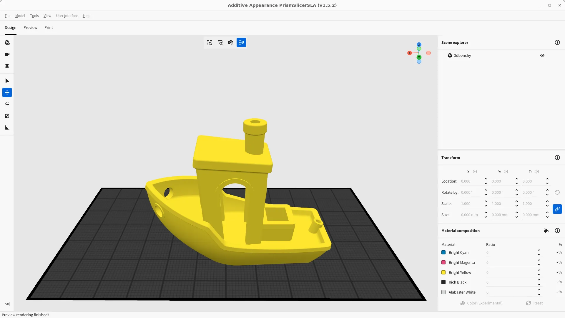 A PrismSlicer SLA screenshot with a yellow 3D Benchy loaded on the build plate ready for resin 3D printing.