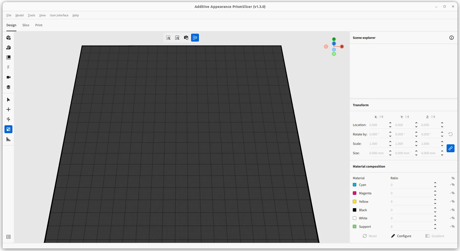 PrismSlicer (version 1.3.0) screenshot in Design view with an empty tray