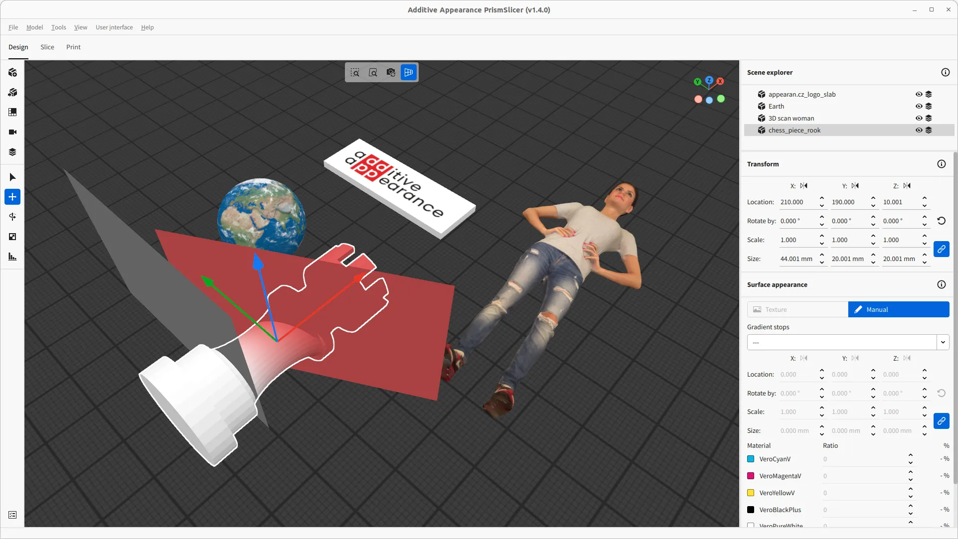 A PrismSlicer screenshot showing the Design tab with three full-color 3D models loaded while editing a color gradient from white to red.