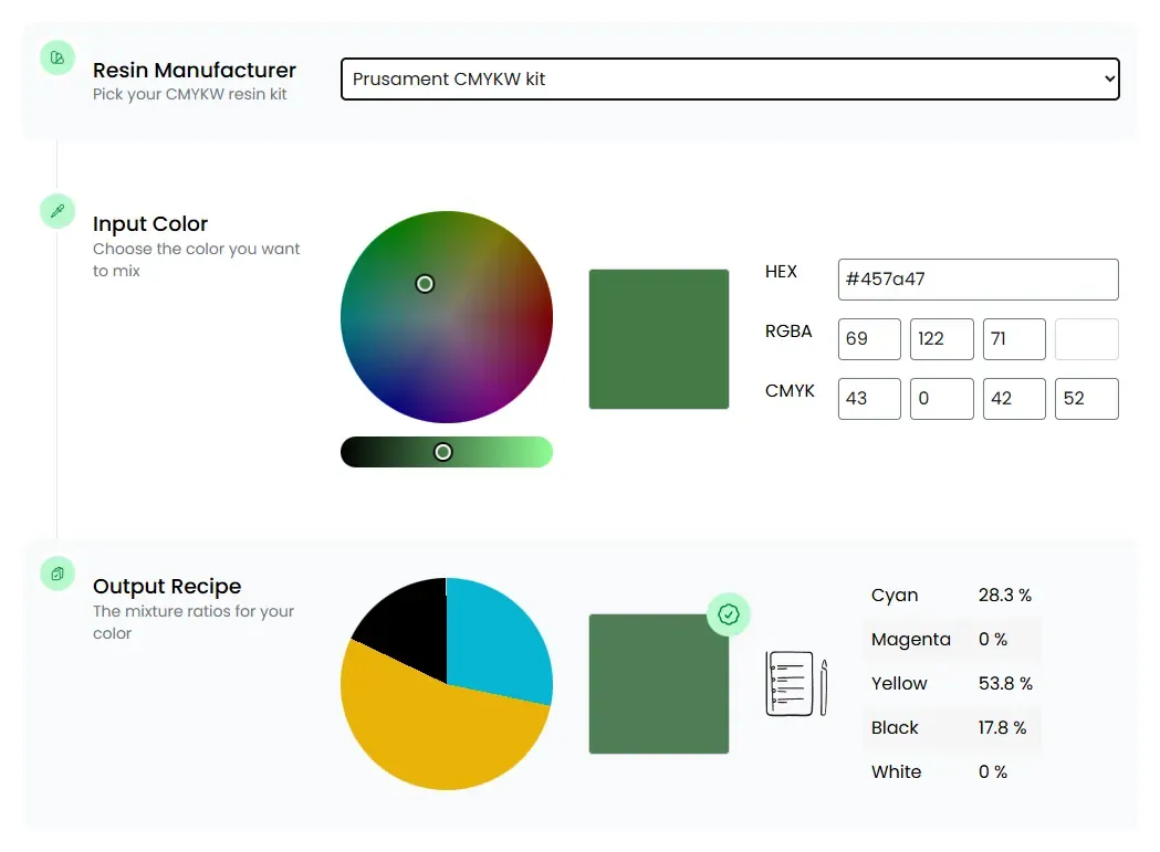 Screenshot of the Color Picker showing a recipe for a green color mixed with the Prusament CMYKW resin kit.