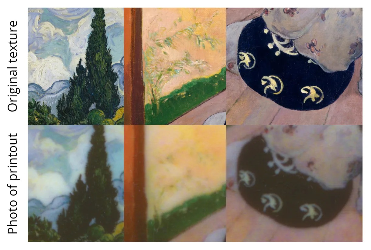 A scientific comparison between three cutouts of the target texture (paintings) with photographs of the 3D printed reproduction.