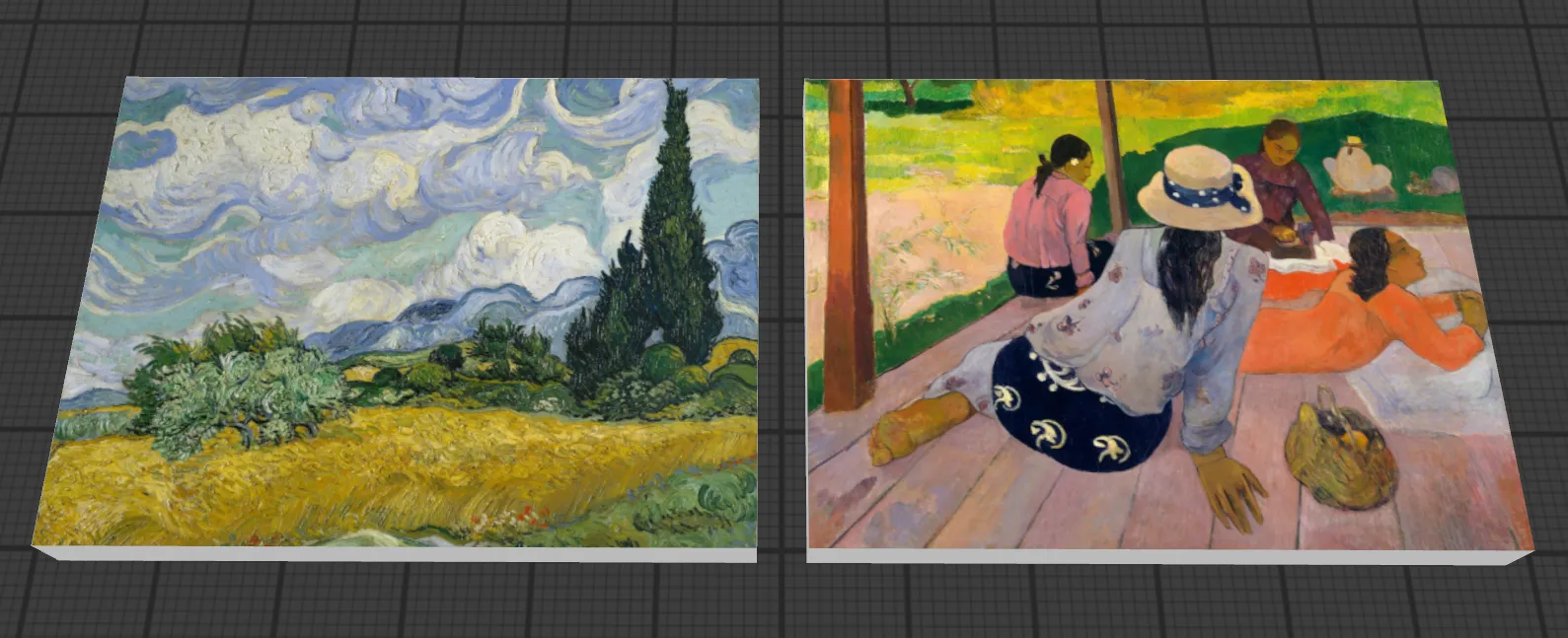 Two flat 3D models with van Gogh's 'Wheat Field with Cypresses' and Gaugin's 'The Siesta' paintings as textures.
