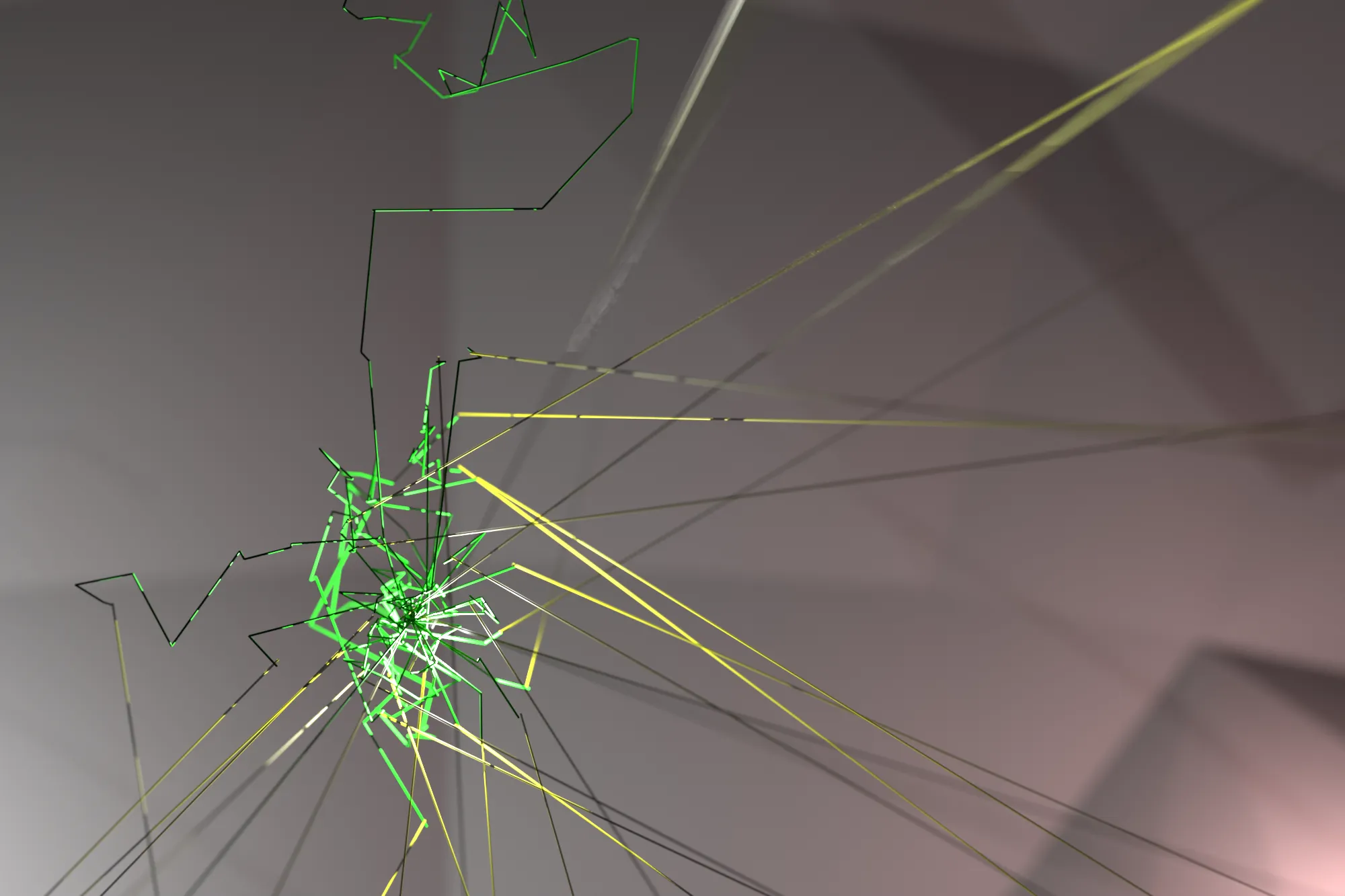 An artistic visualization of ray-tracing algorithms that follow the light path and bounce
around the scene.